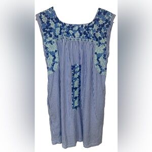 J Marie Dress Small Mini Blue White Stripe Embroidered Preppy Colorful Spring